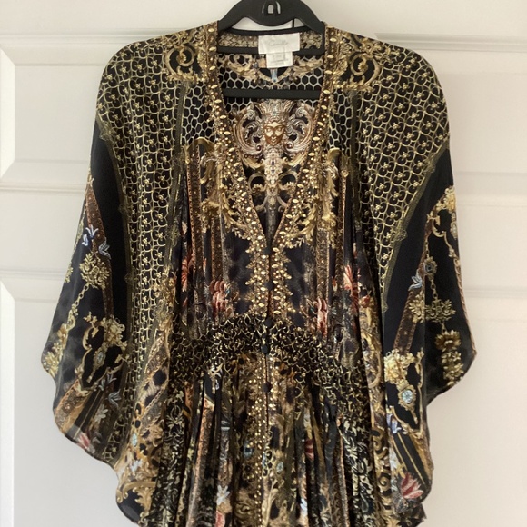 CAMILLA Long Dress With Smocked Waist Bell Sleeves *Abingdon Palace* 100% Silk - Picture 7 of 16